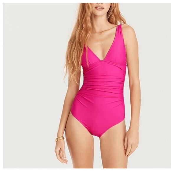 NWT J. Crew Ruched V-Neck One Piece Swimsuit Radiant Fuchsia Size 12 - Picture 1 of 11